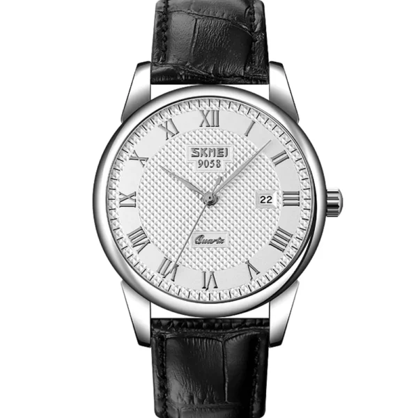 Skmei 9058-CH-BLK-WHT Leather Band Men Watch