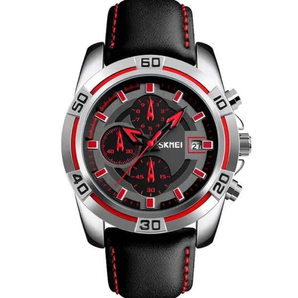 Skmei 9156-CHBLK- RED Leather Band Men Watch