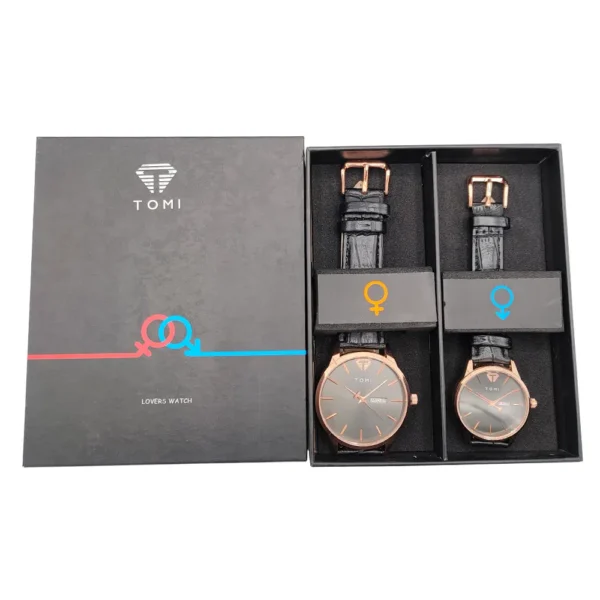 Tomi T045/46-RS-BLK Leather Band Pair Watches - Image 2